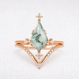 Olive‘s Convergence | Kite Cut Moss Agate Chevron Bridal Duo