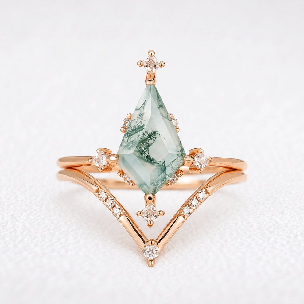 Olive‘s Convergence | Kite Cut Moss Agate Chevron Bridal Duo