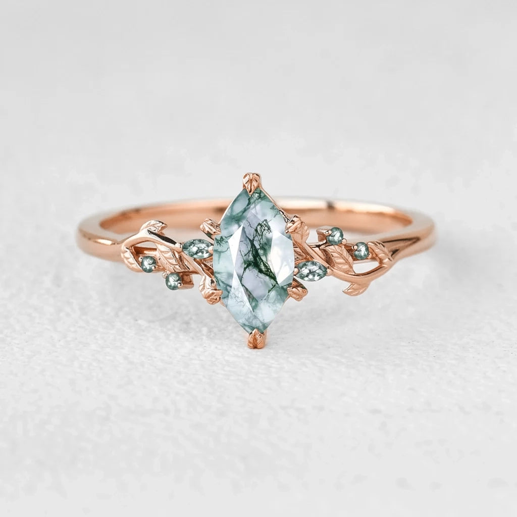 Celandine’s Twine | Marquise Moss Agate Leafy Twist Engagement Ring.