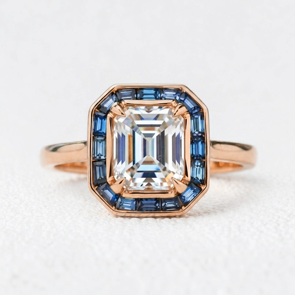 Iris‘s Breeze | 1CT Emerald Cut Halo Moissanite Ring.