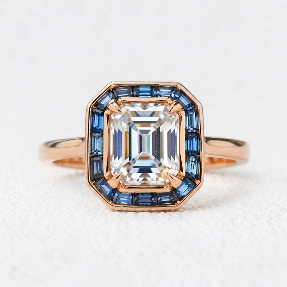 Iris‘s Breeze | 1CT Emerald Cut Halo Moissanite Ring.