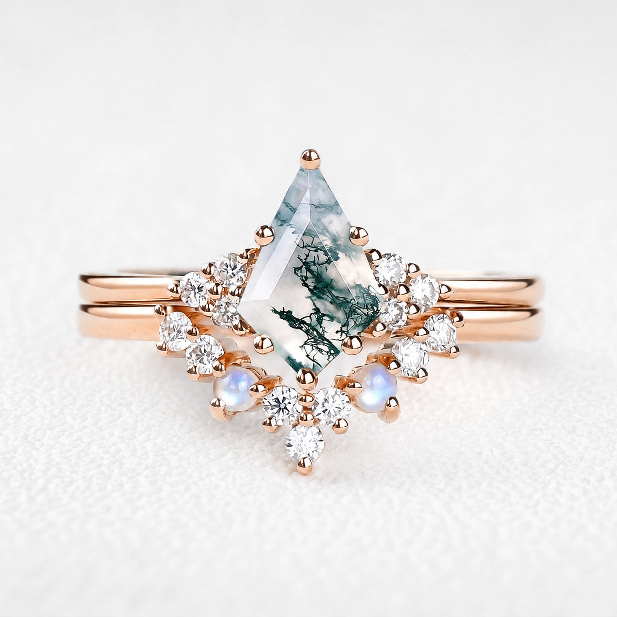 Diana’s Bower | Kite Cut Moss Agate & Moonstone Cluster Chevron Bridal Set 2pcs