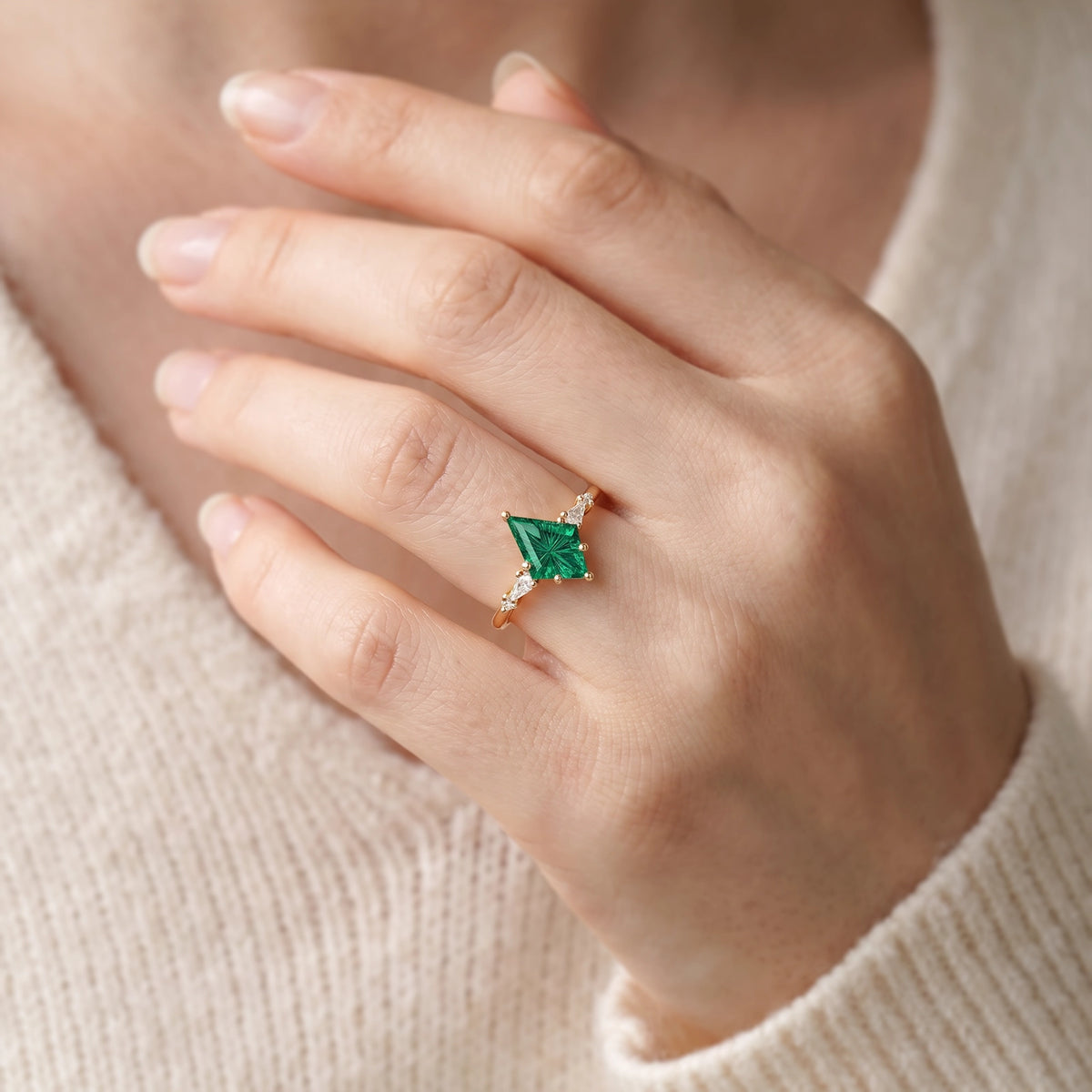 Alexandra’s Aigrette | Kite Fantasy-Cut Emerald Side-Stone Engagement Ring