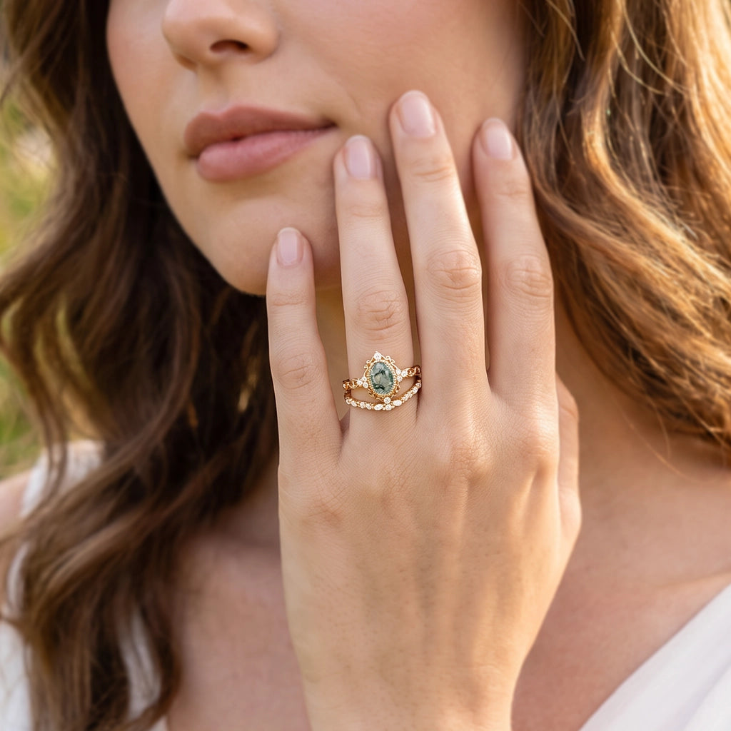 Marguerite’s Garland | Oval Moss Agate Vintage Bridal Set 2pcs