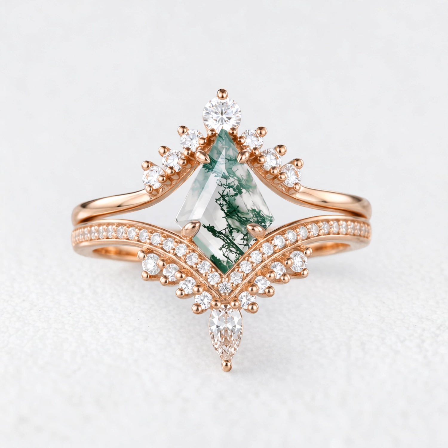 Cassandra’s Wildwood | Kite Cut Moss Agate Chevron Bridal Duo