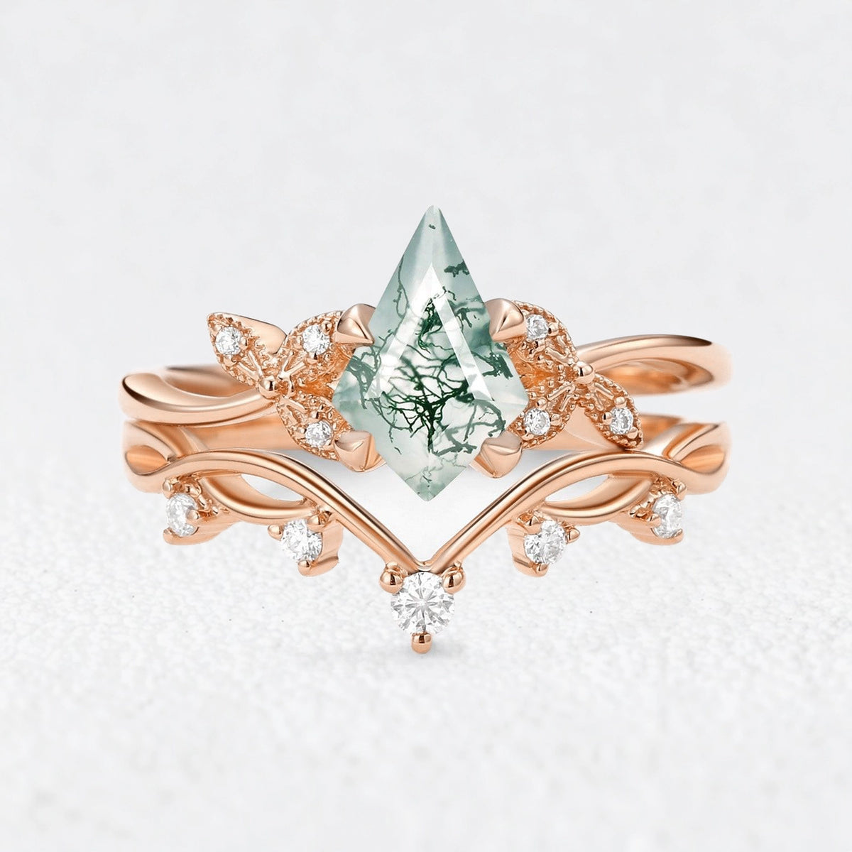 Marguerite’s Foliage | Kite Cut Moss Agate Branch Bridal Duo