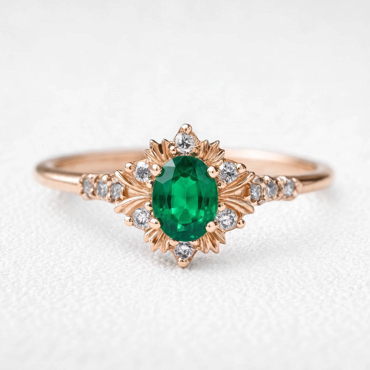 Alexandra’s Verdure | 1.5CT Vintage Oval Emerald Halo Engagement Ring