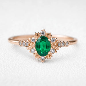 Alexandra’s Verdure | 1.5CT Vintage Oval Emerald Halo Engagement Ring