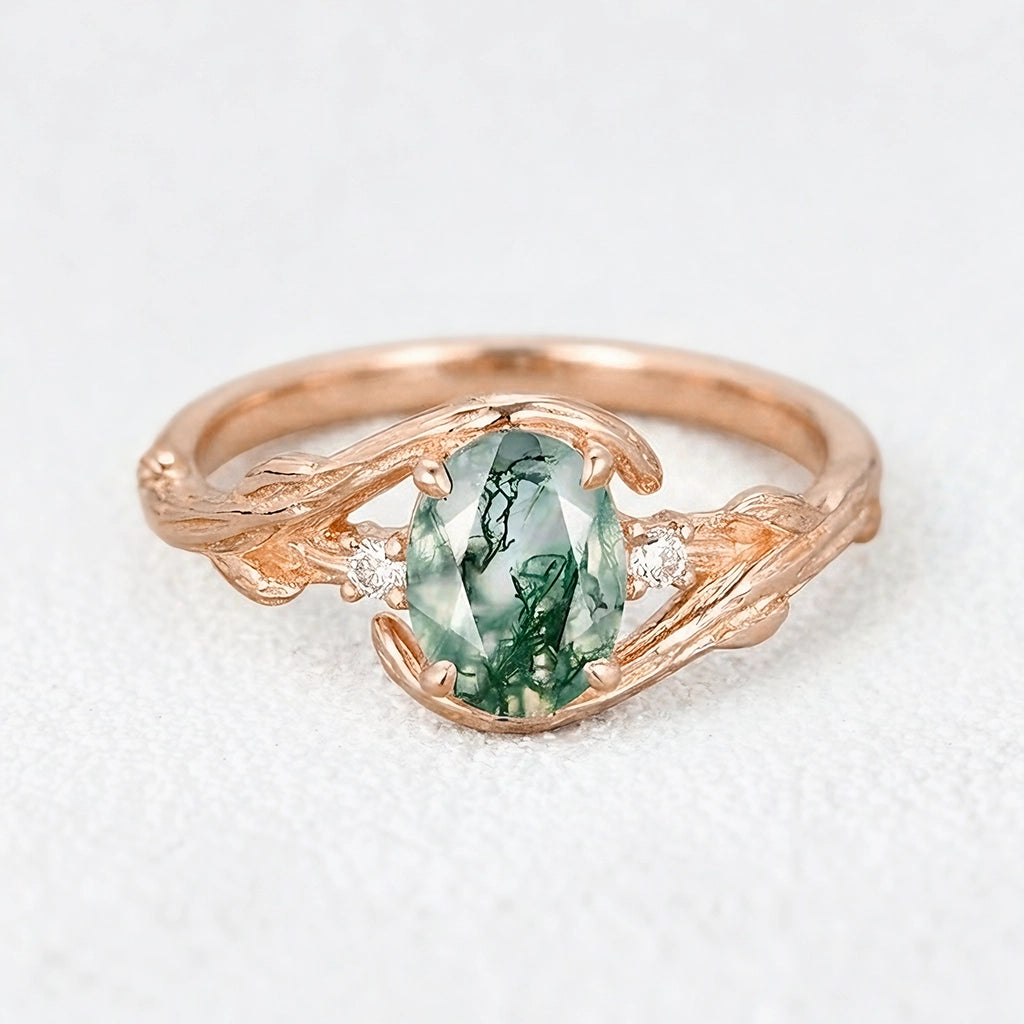 Oval Cut Moss Agate Branches Vintage Engagement Ring.