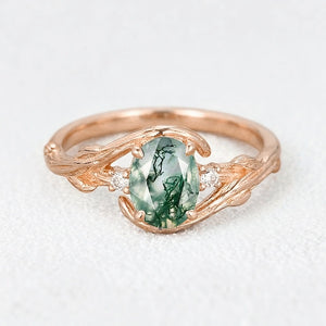 Oval Cut Moss Agate Branches Vintage Engagement Ring.