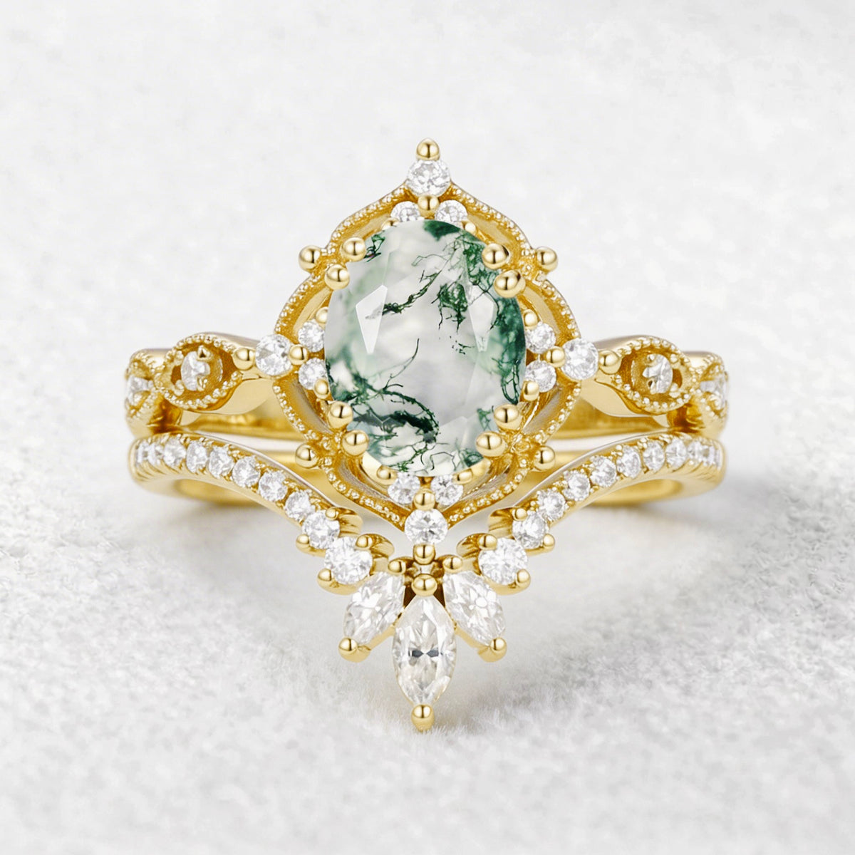 Soren Oval Cut Vintage Moss Agate Engagement Ring Set 2pcs.