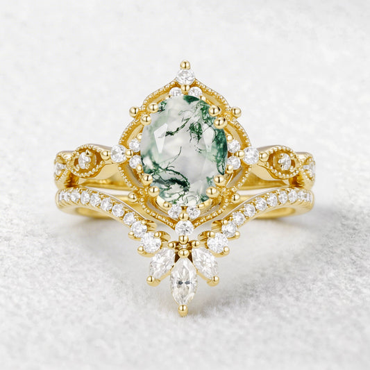Soren Oval Cut Vintage Moss Agate Engagement Ring Set 2pcs.