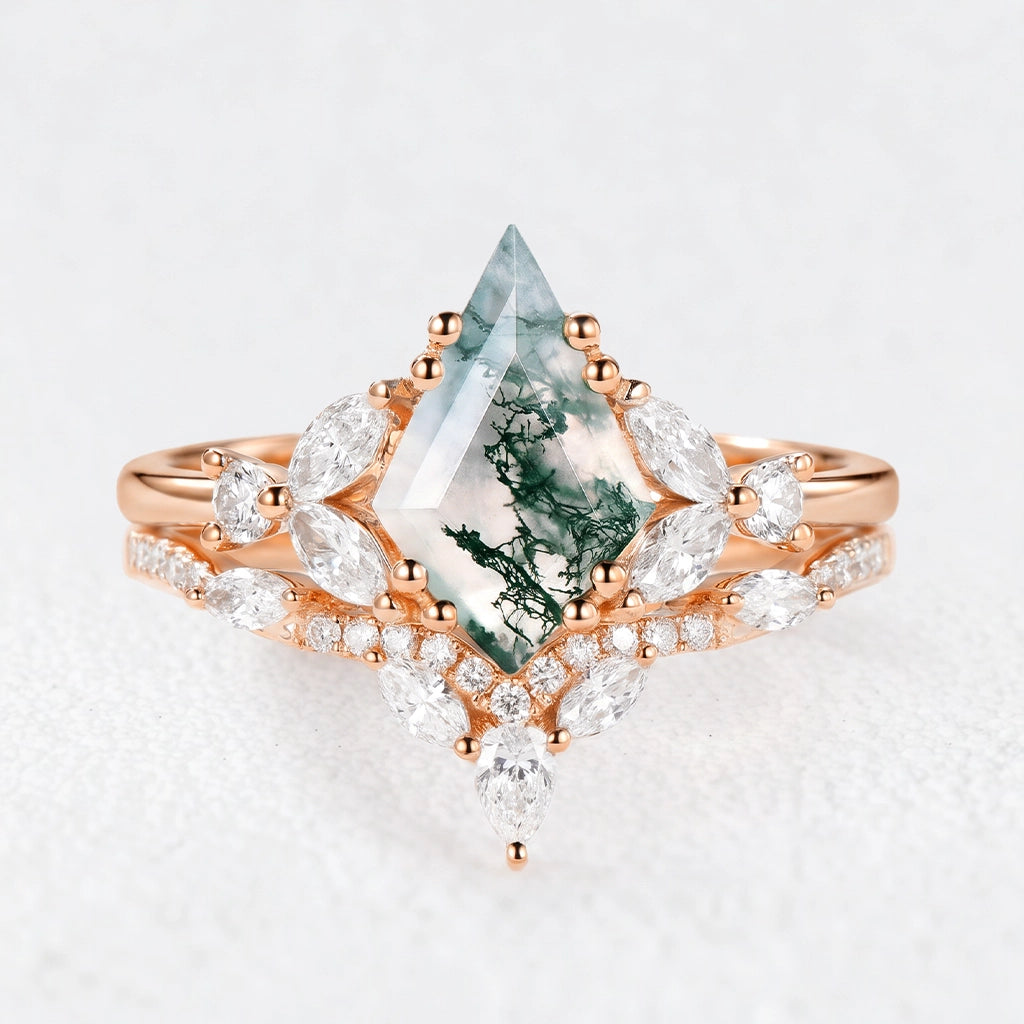 Sylvie‘s Glimmer | Moss Agate Cluster Chevron Bridal Duo