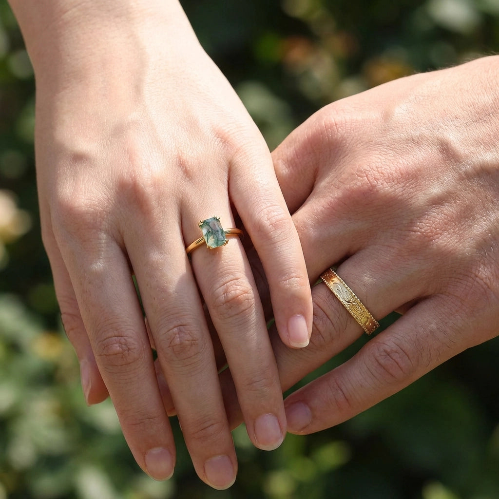 Daphne’s Clearing | Emerald Cut Moss Agate Couple Ring Set 2pcs.
