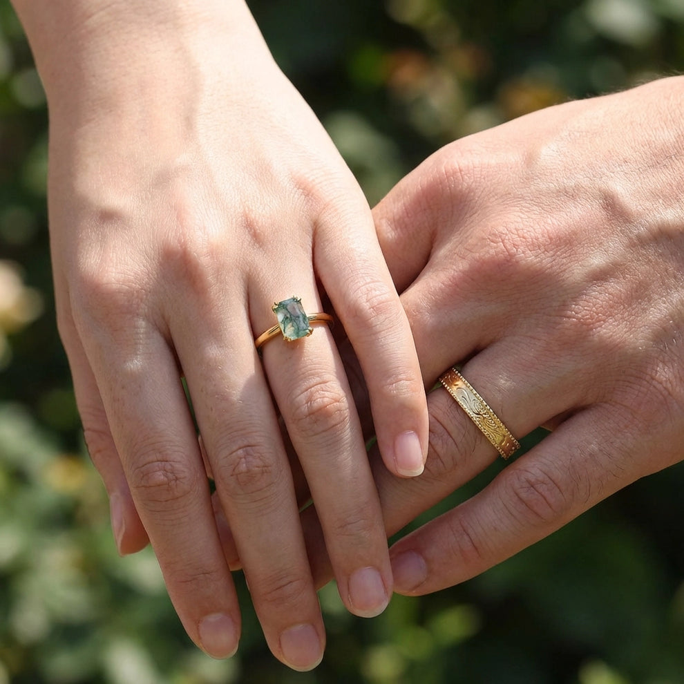 Daphne’s Clearing | Emerald Cut Moss Agate Couple Ring Set 2pcs.