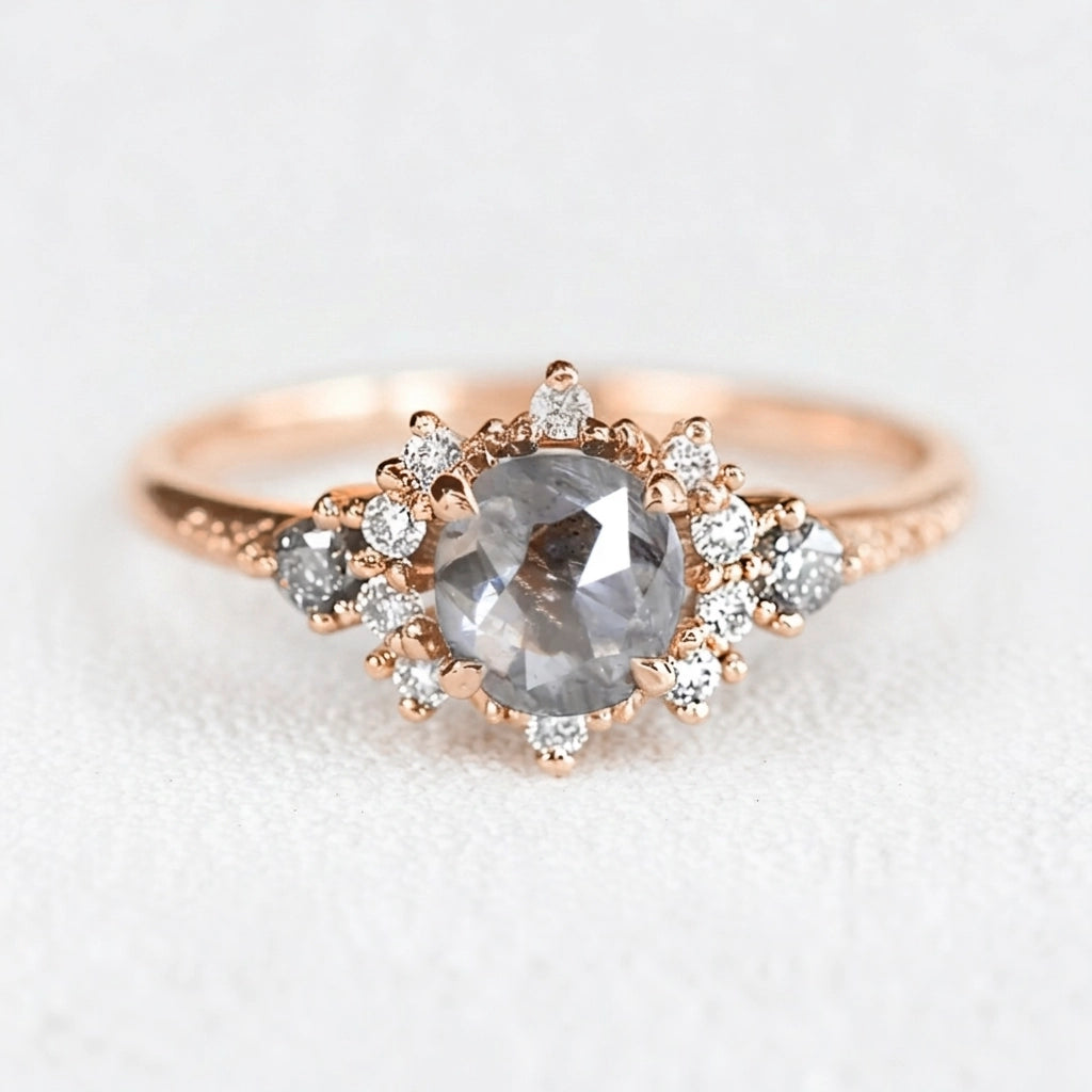 Juliet’s Jubilee | Vintage Sunflower Salt & Pepper Diamond Gold Engagement Ring.