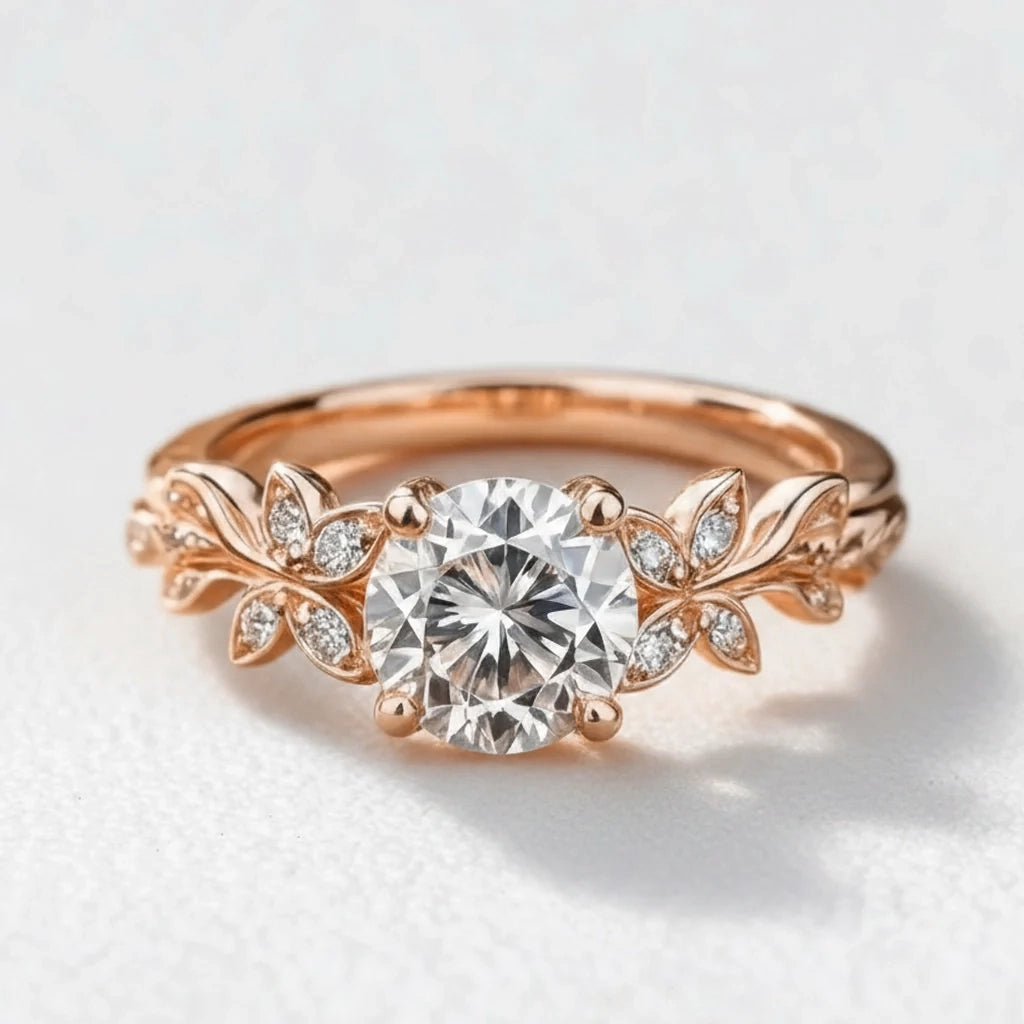 Flora’s Sprig | Round Cut Diamond Leafy Engagement Ring.