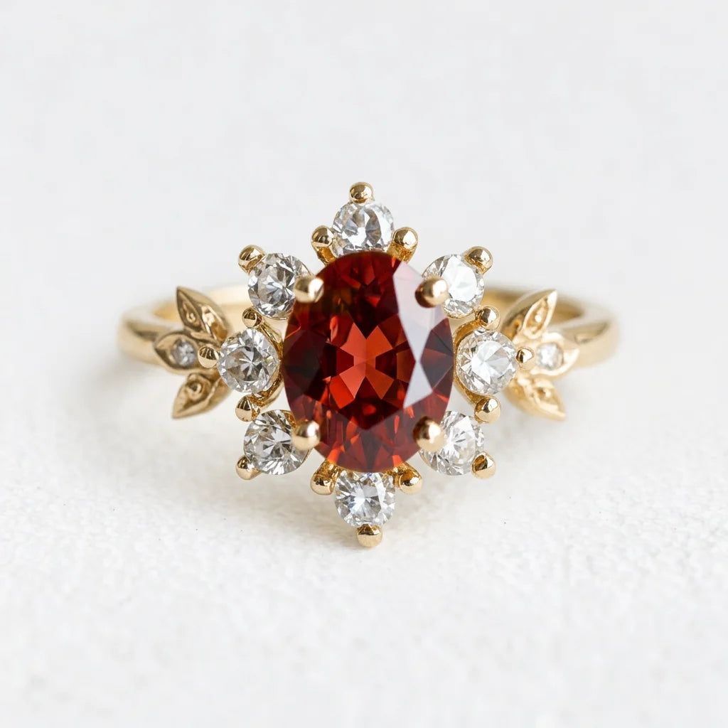 1CT Oval Cut Deep Red Gemstone Halo Engagement Ring.