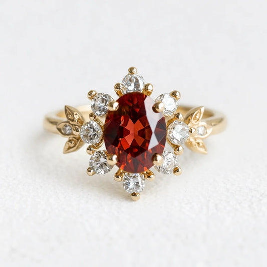 1CT Oval Cut Deep Red Gemstone Halo Engagement Ring.