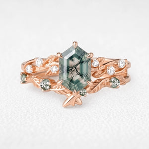Clarissa’s Frond | Hexagon Cut Moss Agate Leafy Bridal Set 2pcs