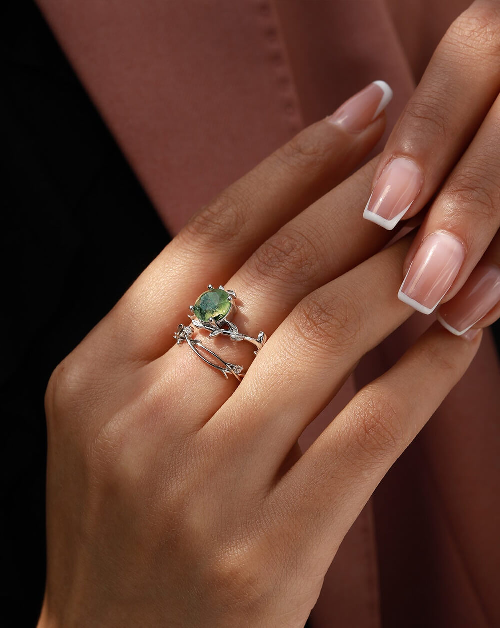 Stack Moss Agate Leaf Engagement Ring