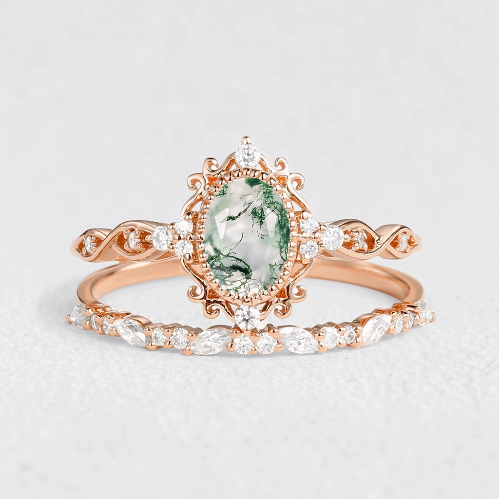 Marguerite’s Garland | Oval Moss Agate Vintage Bridal Set 2pcs