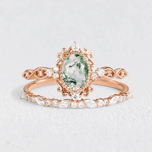 Margaret's Garden – Oval Cut Vintage Moss Agate Bridal Set 2pcs