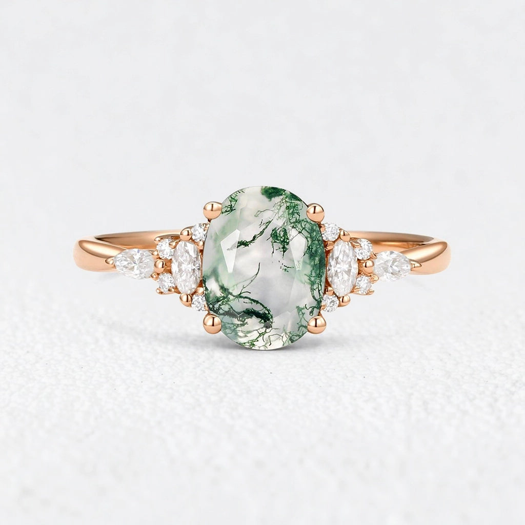 Sylvie’s Dew | Classic Oval Moss Agate Engagement Ring with Diamond Accents