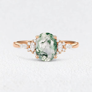 Sylvie’s Dew | Classic Oval Moss Agate Engagement Ring with Diamond Accents