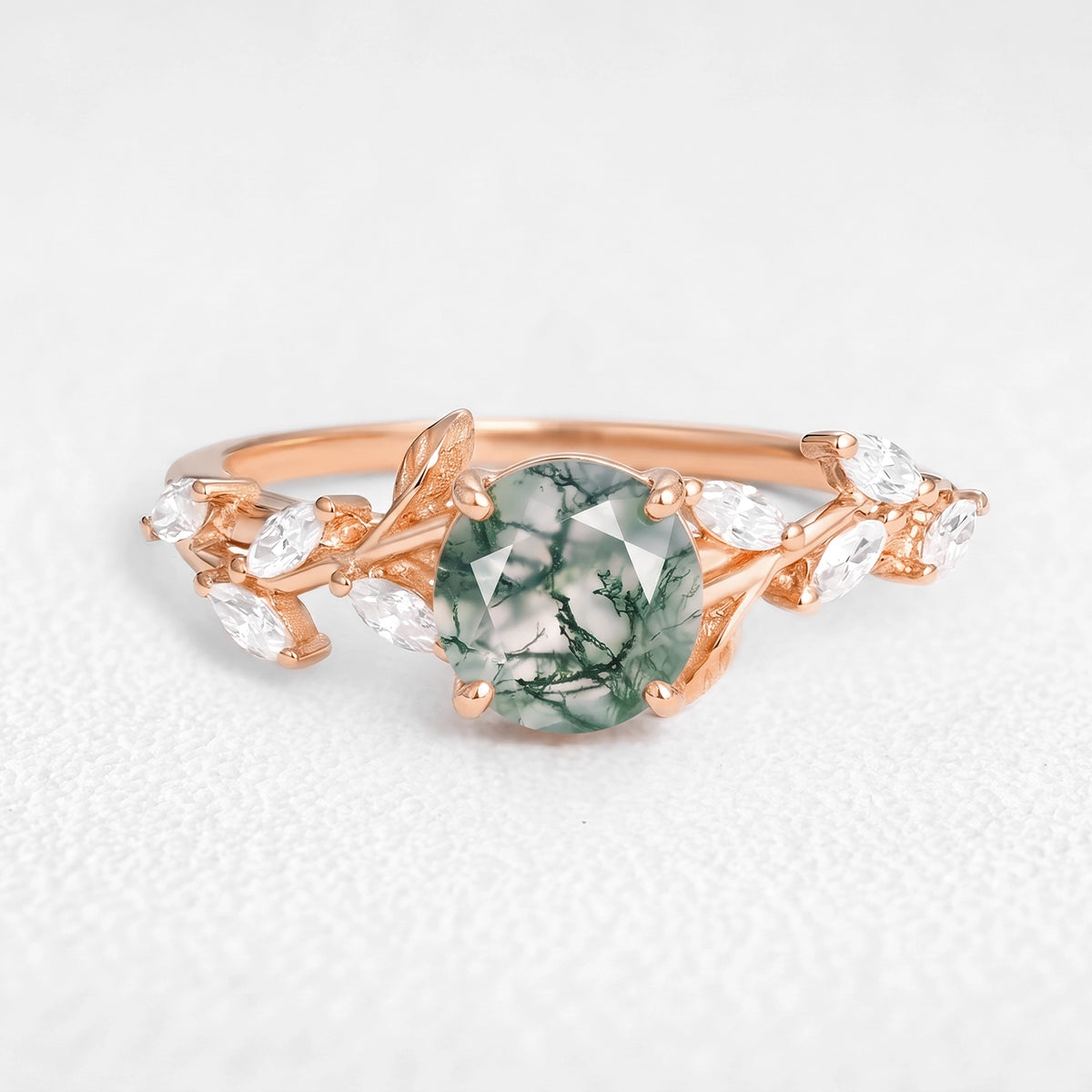 Celandine’s Tendril | Round Cut Moss Agate Vine Engagement Ring