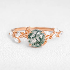 Celandine’s Tendril | Round Cut Moss Agate Vine Engagement Ring