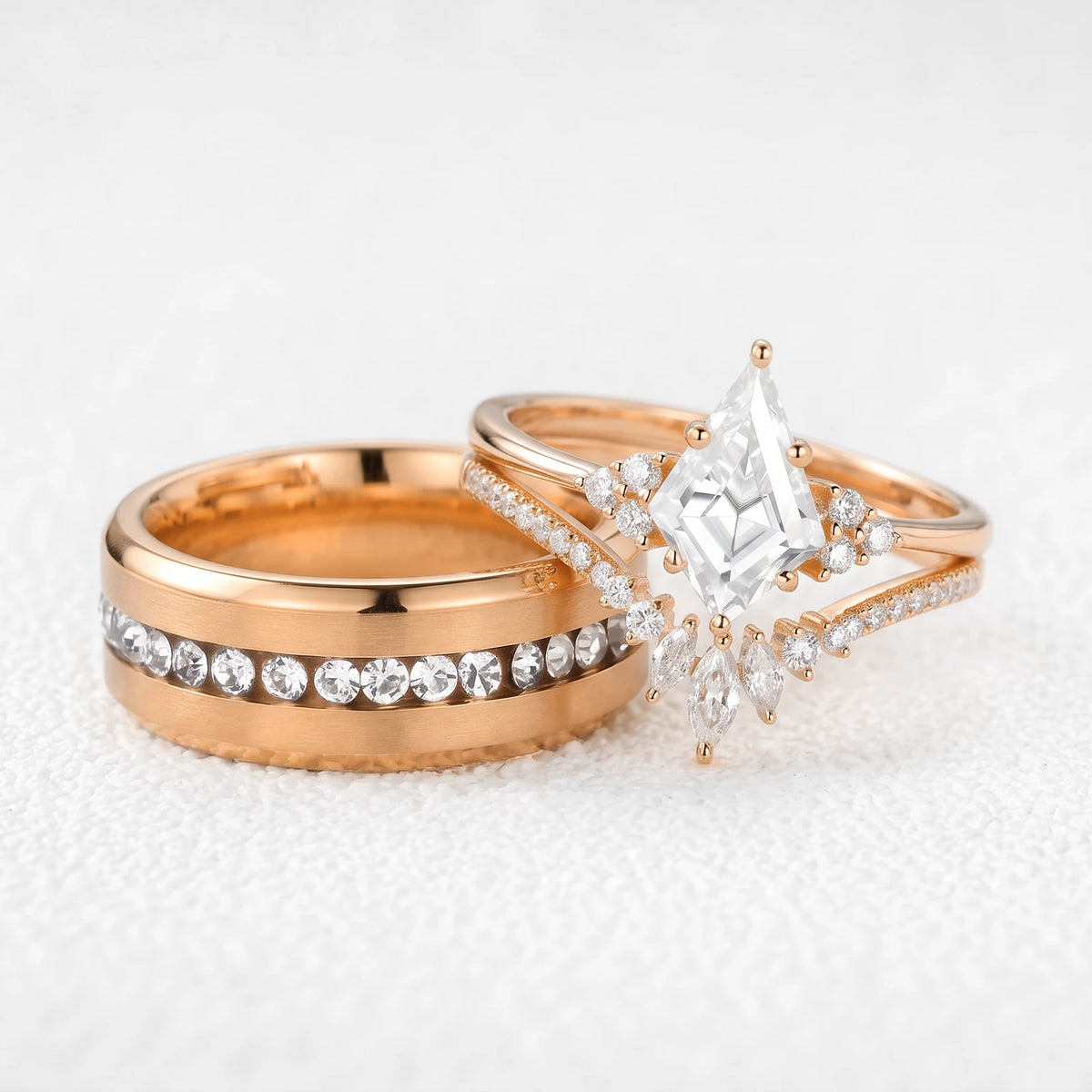 Aurora‘s Orbit | 1.5CT Kite Diamond Chevron & Eternity Band Couple Set 3pcs