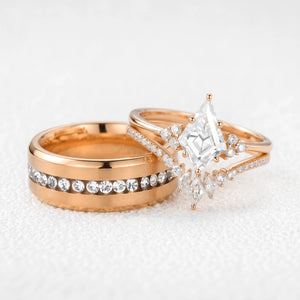 Aurora‘s Orbit | 1.5CT Kite Diamond Chevron & Eternity Band Couple Set 3pcs