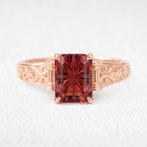 Joséphine’s Trellis | Fantasy-Cut Rectangular Garnet Solitaire Wide Engraved Band Engagement Ring