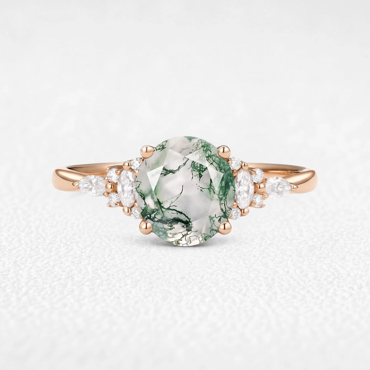 Sylvie’s Dew | Vintage Round Moss Agate Cluster Engagement Ring