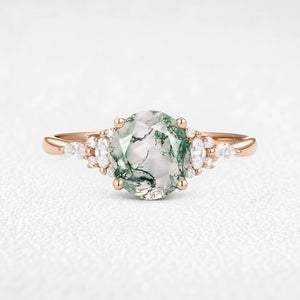 Sylvie’s Dew | Vintage Round Moss Agate Cluster Engagement Ring