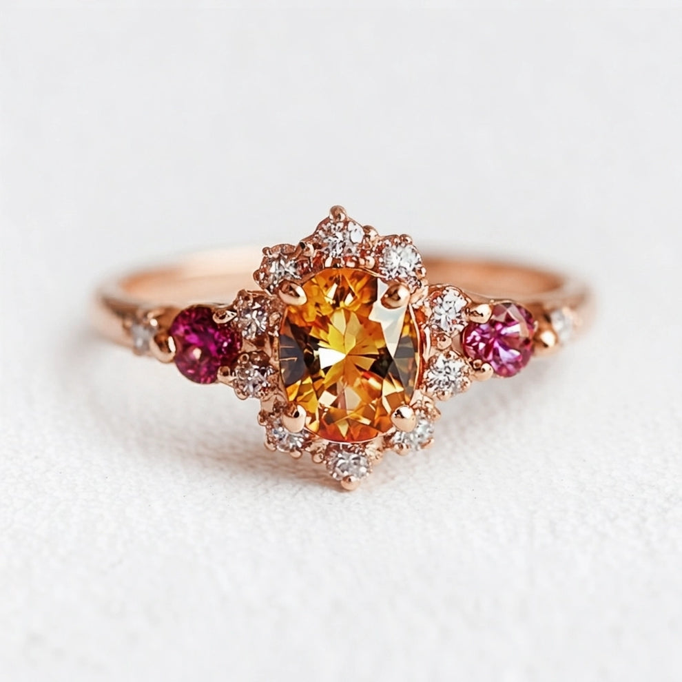 Flora's Wreath | Oval Mandarin Garnet & Multi‑Stone Halo Engagement Ring.