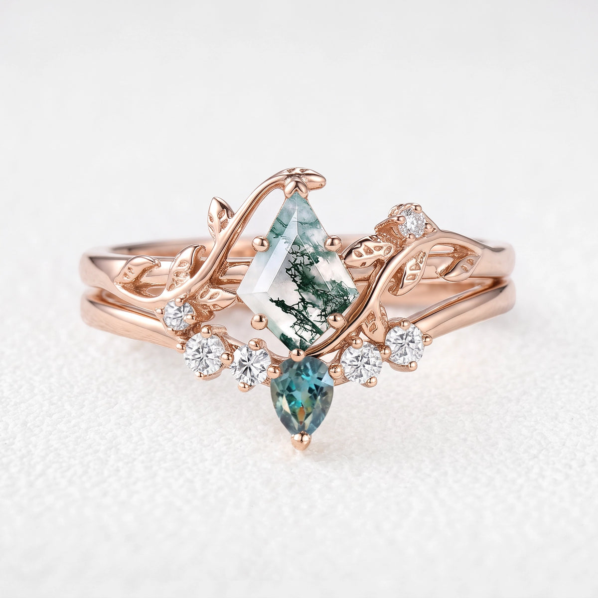 Sylvie’s Bower | Kite Cut Moss Agate & Teal Sapphire Foliage Bridal Duo