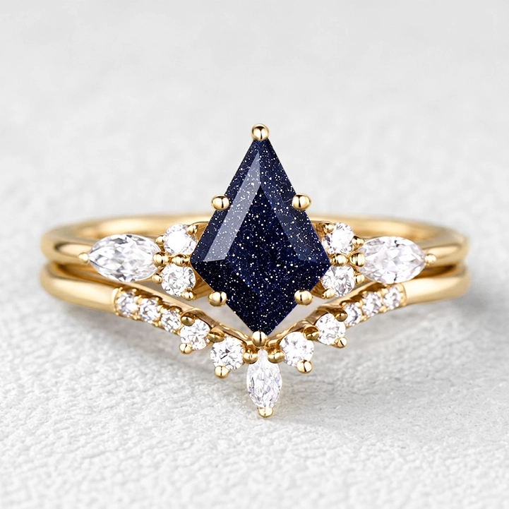Stella’s Spark | Kite Cut Blue Sandstone & Marquise Moissanite Bridal Set 2pcs.