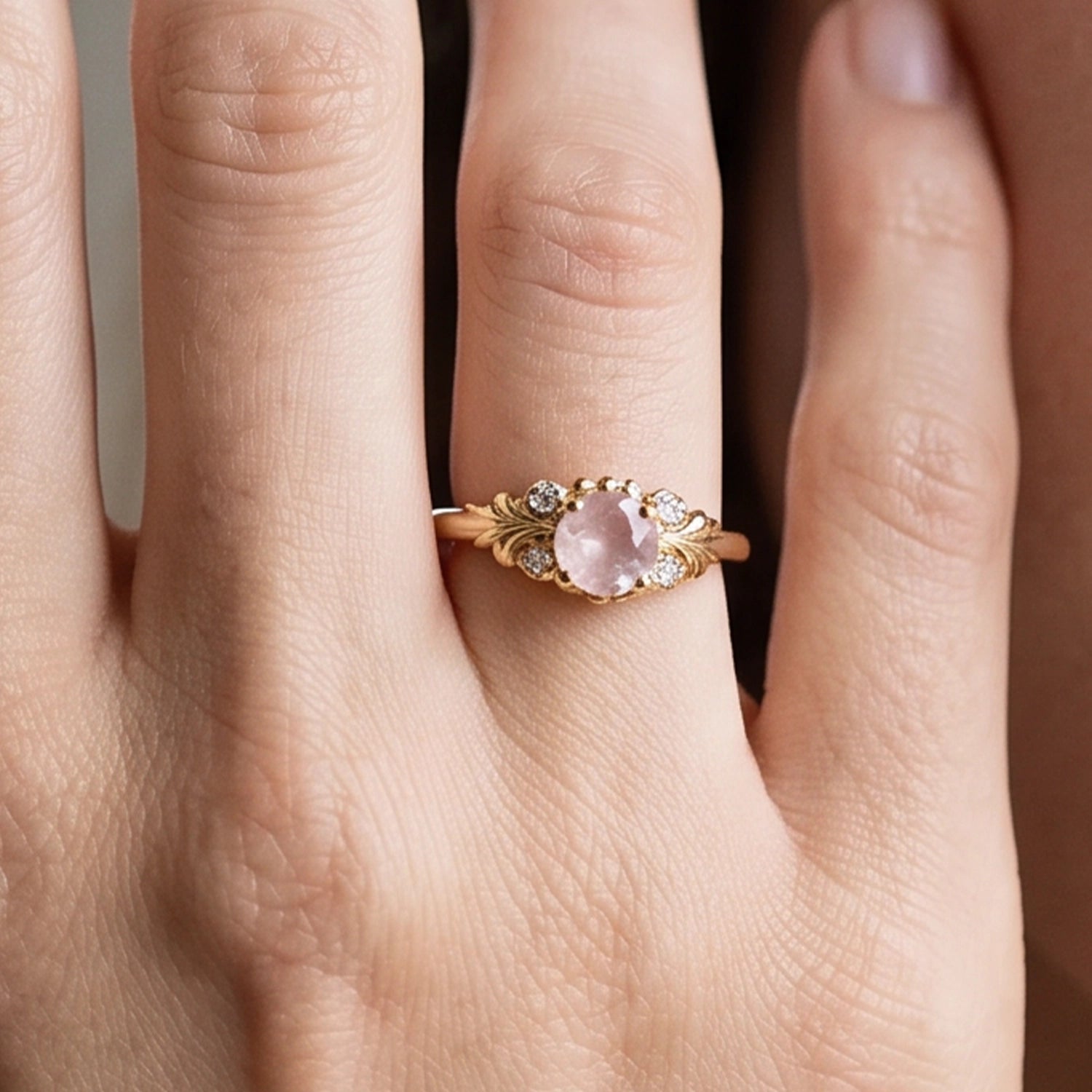 Luna’s Blush | Round Cut Rose Quartz Engagement Ring