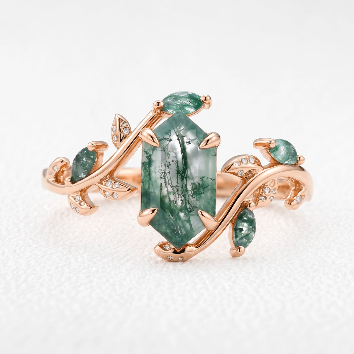 Sylvie’s Herbarium | Vintage Hexagon Moss Agate & Emerald Leafy Engagement Ring