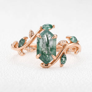 Sylvie’s Herbarium | Vintage Hexagon Moss Agate & Emerald Leafy Engagement Ring