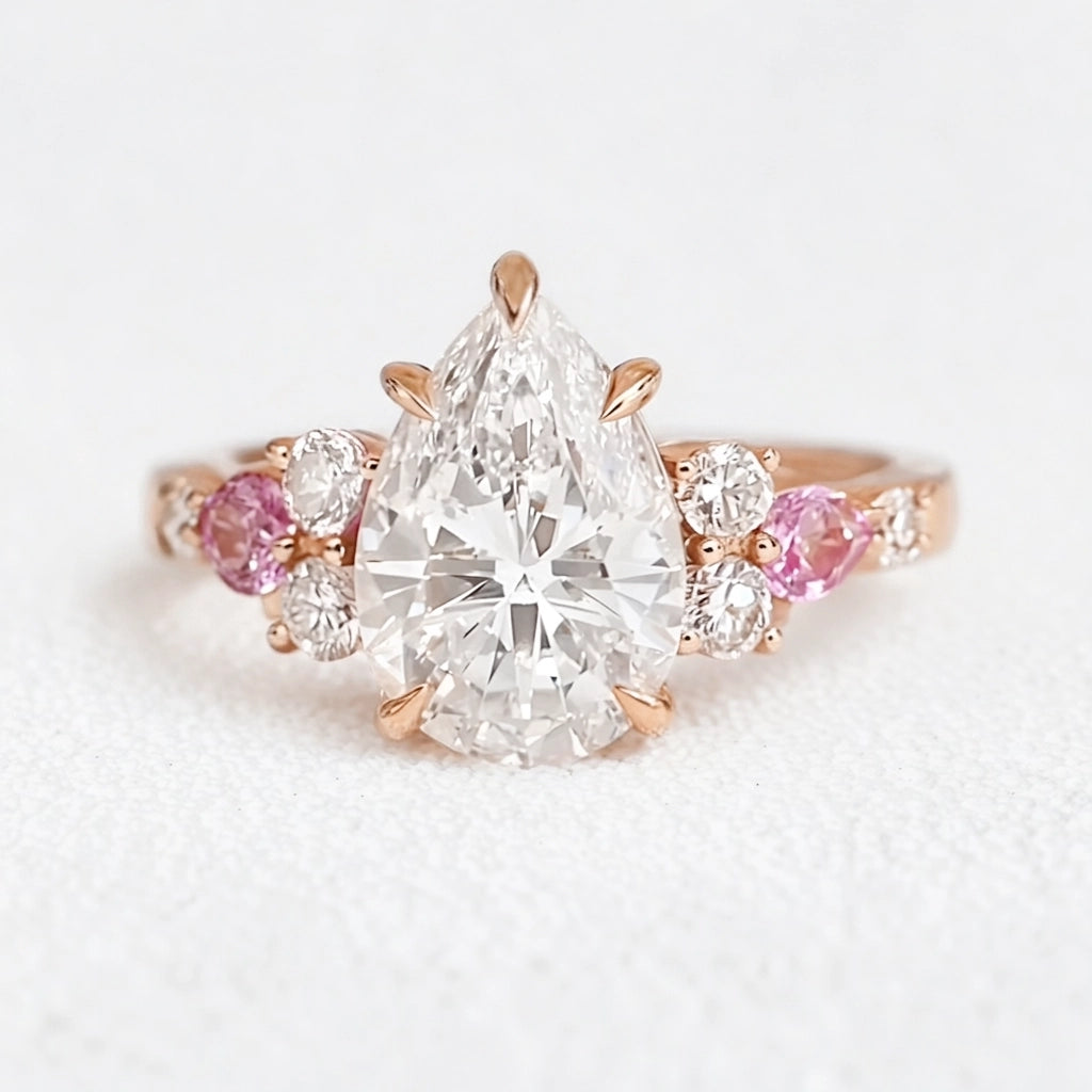 Aurora’s Embrace | Vintage 2CT Pear Cut Diamond Twin Trio Engagement Ring.