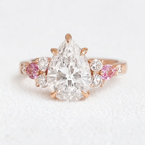 Aurora’s Embrace | Vintage 2CT Pear Cut Diamond Twin Trio Engagement Ring.