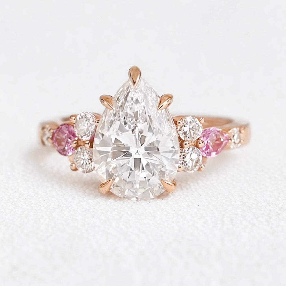 Aurora’s Embrace | Vintage 2CT Pear Cut Diamond Twin Trio Engagement Ring.