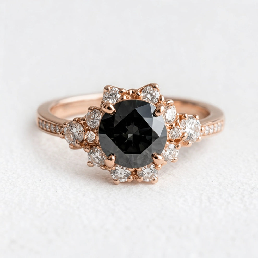 Marina’s Nocturne | Round Black Diamond Halo Engagement Ring.
