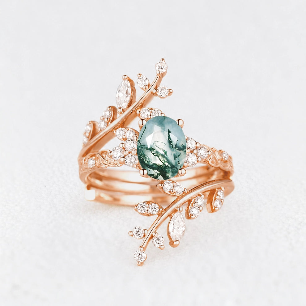 Sylvie’s Thicket | Oval Moss Agate Cluster Leafy Engagement Ring Set 2pcs.
