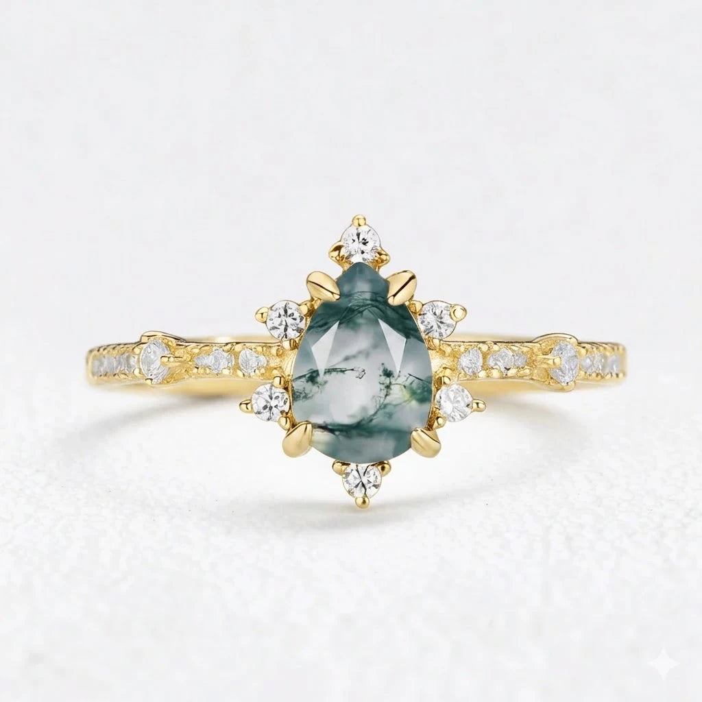 Genevieve’s Cluster | Pear Cut Moss Agate Engagement Ring