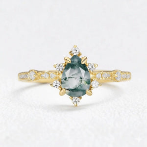 Genevieve’s Cluster | Pear Cut Moss Agate Engagement Ring
