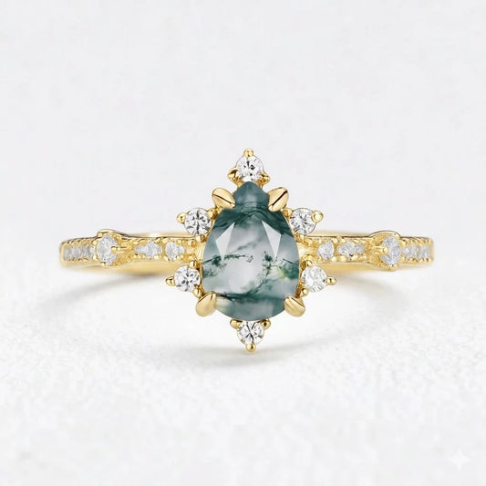 Unique Pear Cut Moss Agate Cluster Engagement Ring